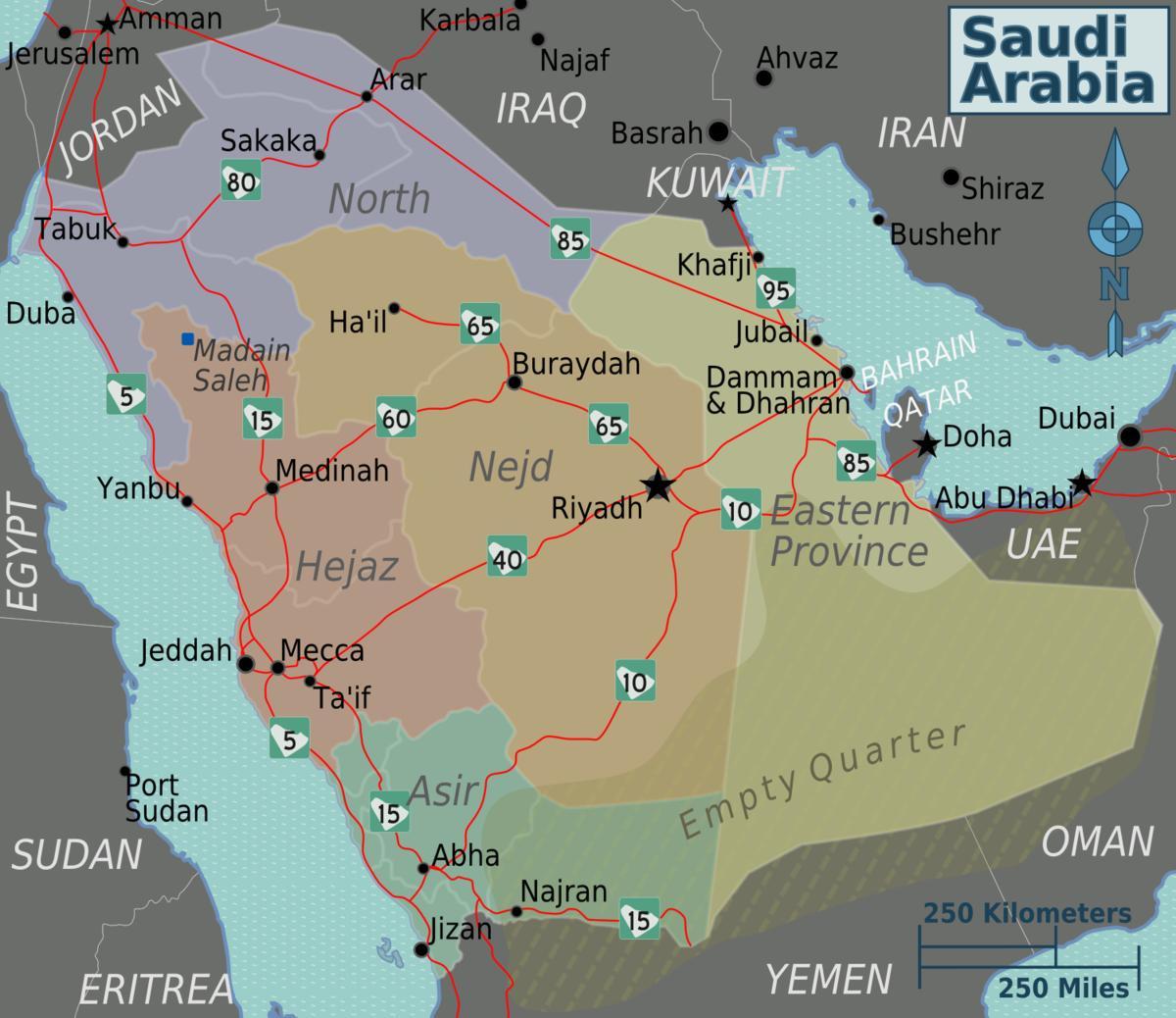 Kaart van Saoedi-Arabië met stede afstand