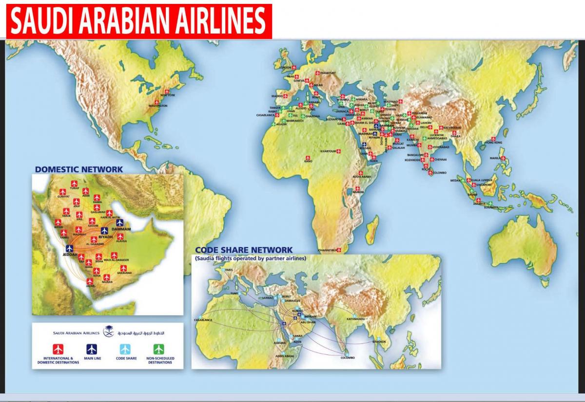 Kaart van die Saoedi-Arabiese airlines roete