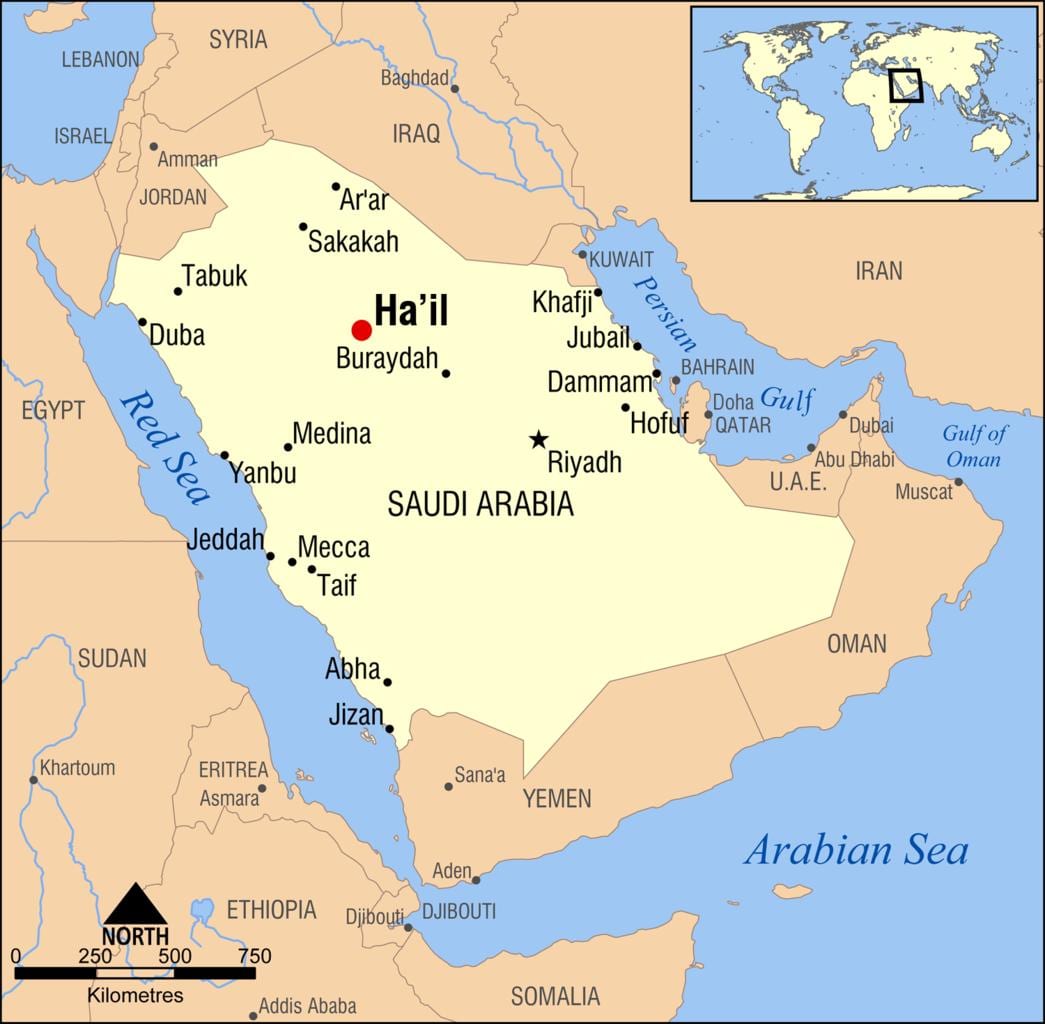 kaart van die hael Saoedi-Arabië